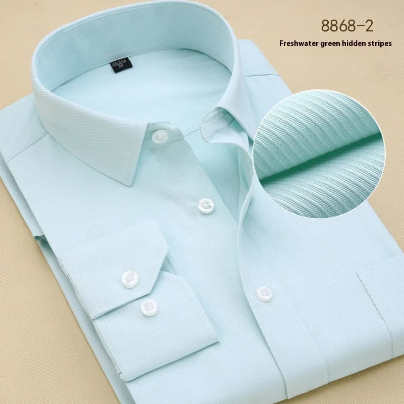 Men's black slim-fit long-sleeve cotton business shirt for professional work attire.