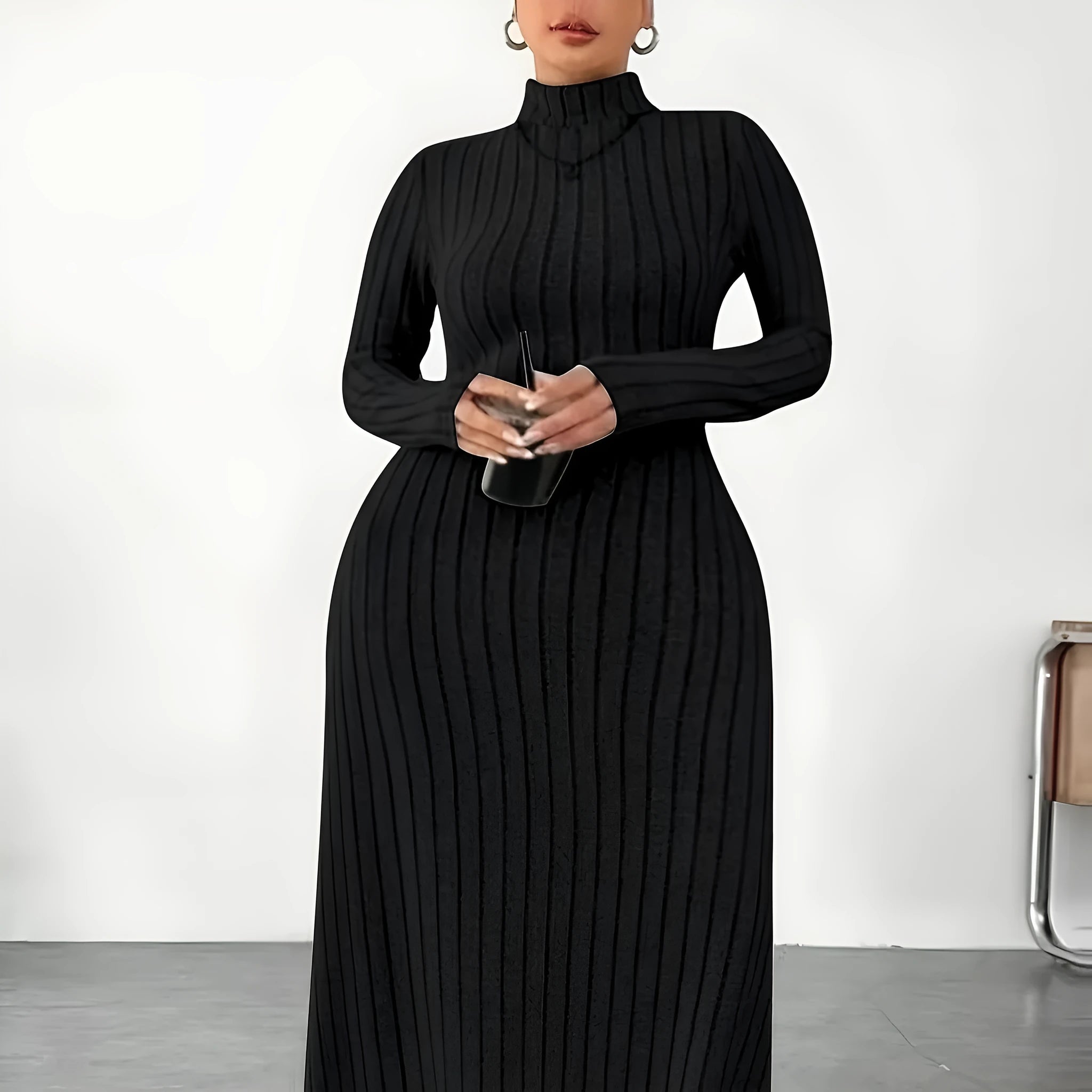 Women's Plus Size Turtleneck Dress Autumn Winter Long Sleeve Casual Knitted Stripe Dress for Ladies Polyester Fabric, Black Army Green Milky White, Size XL to XXXXXL, Asian Sizing