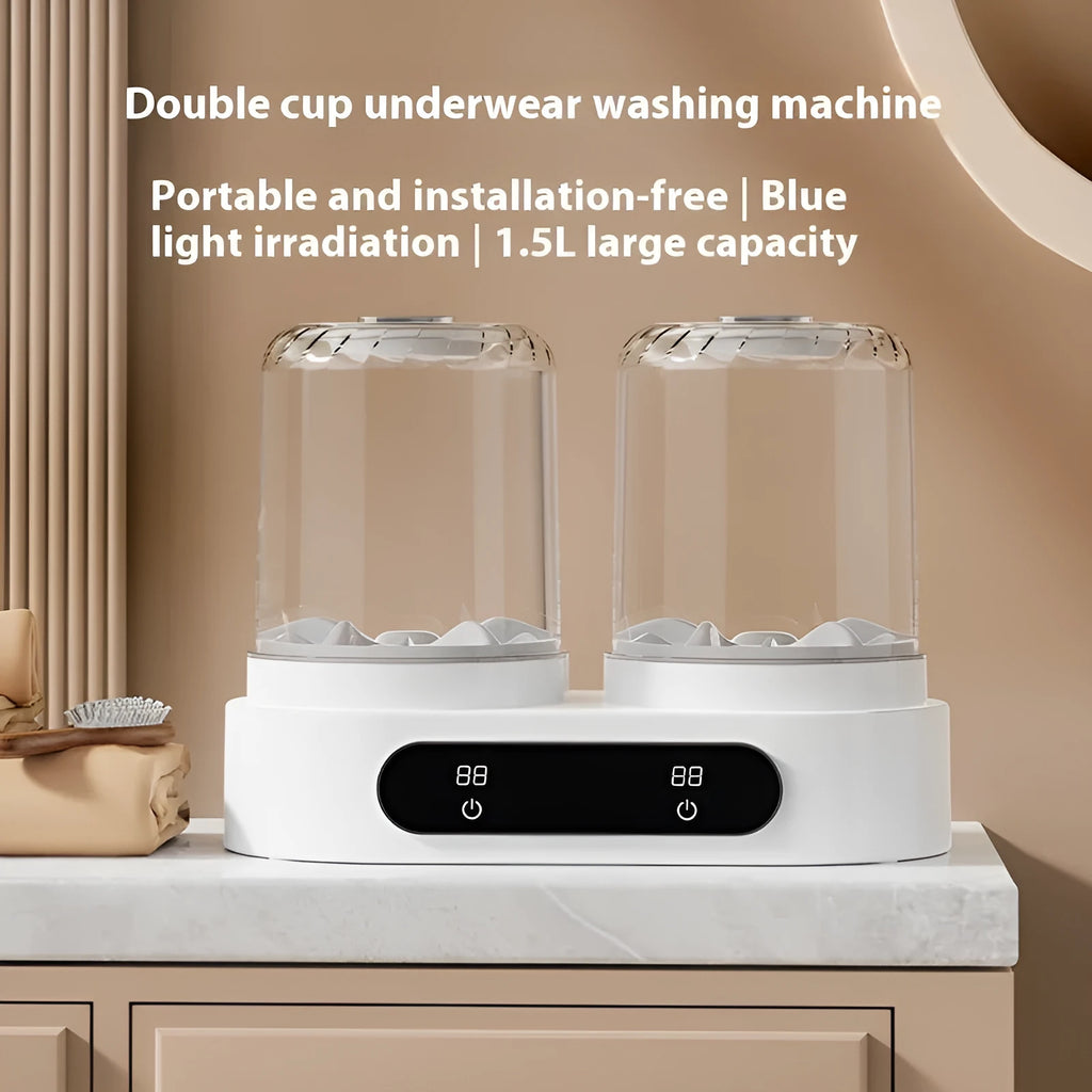White double bucket mini underwear washing machine with USB cable and mechanical controls.