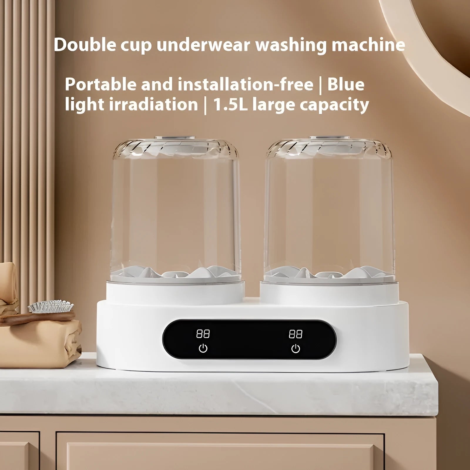 White double bucket mini underwear washing machine with USB cable and mechanical controls.
