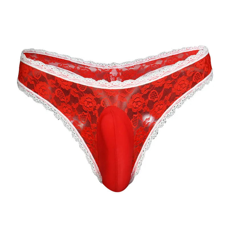 Men's lace underwear with vertical pouch design in low waist style