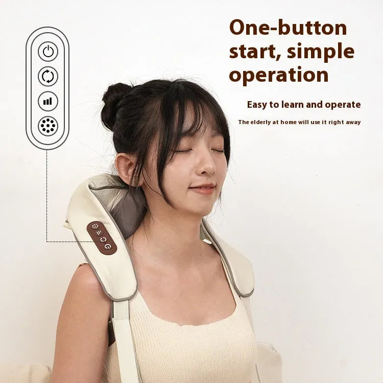Blue rechargeable electric neck and shoulder massager in a folded position.