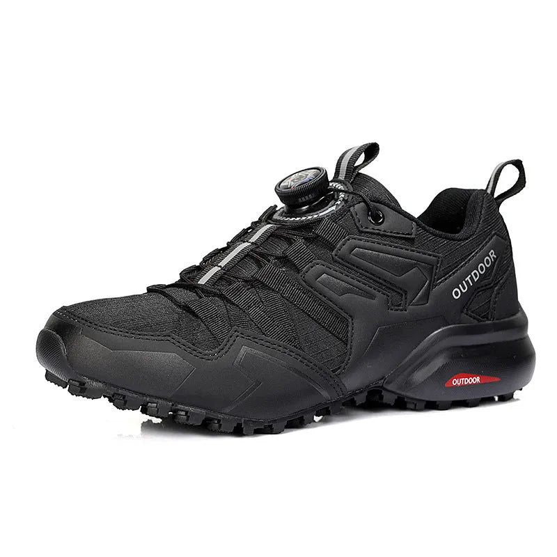 Off-road hiking shoes with elastic band closure in beige, black, and black red colour options