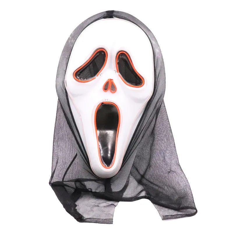 White plastic scary skull LED glowing screaming mask with ice blue light for Halloween party