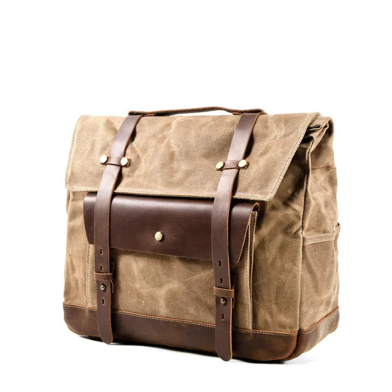 Camel Knight retro cotton messenger bag in army green showing size and internal pockets.