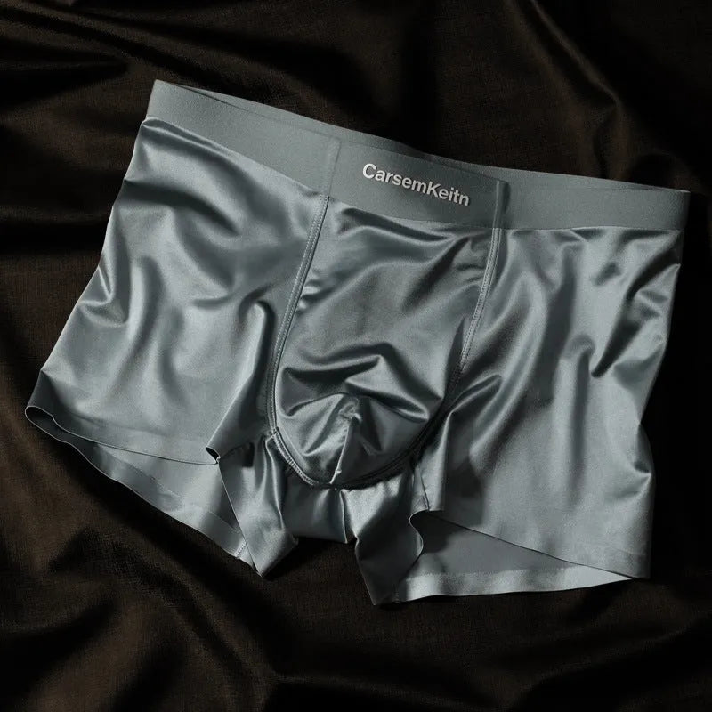 Men's colourblock ice silk seamless underwear in blue, brown, grey, and white colour options.