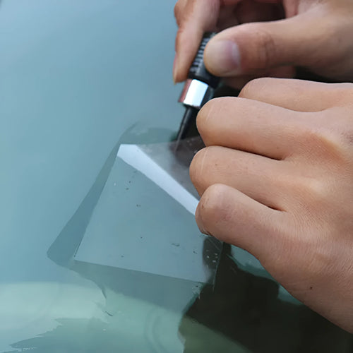 Yellow three-piece car windshield repair agent tool set on a white background.