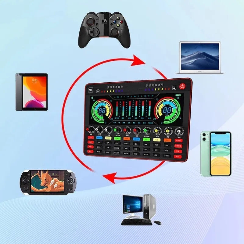 G4 professional live sound card mixer set with microphone, remote control, and audio cables on a table