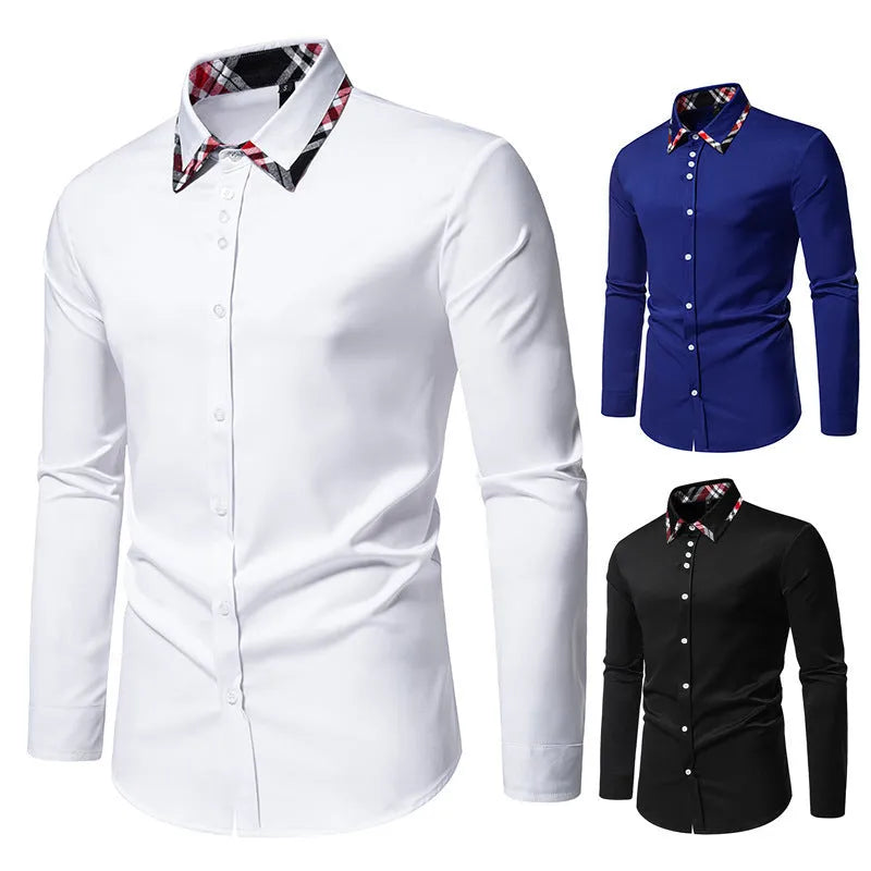 Men's blue plaid contrast casual shirt with triangle collar and long sleeves on a hanger.
