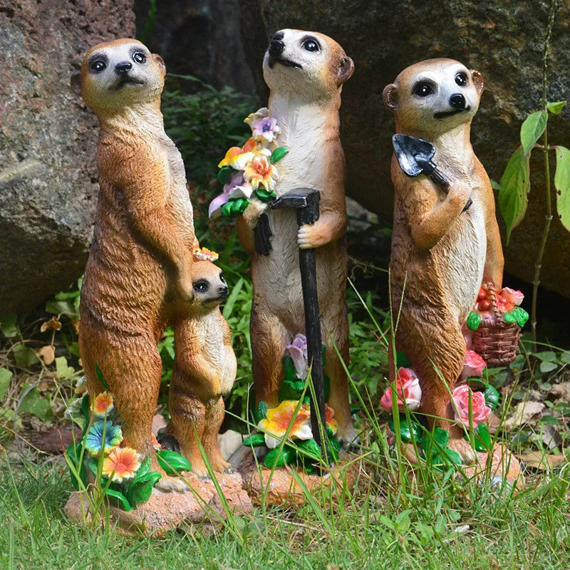 Plastic resin mongoose garden ornament with straw hat in three colour variations