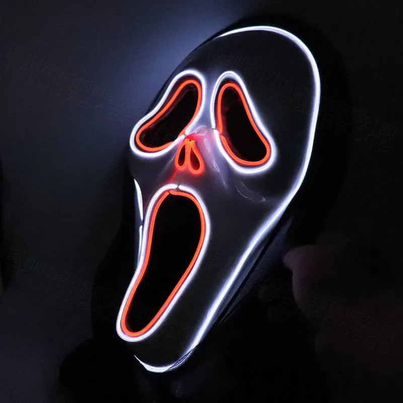 White plastic scary skull LED glowing screaming mask with ice blue light for Halloween party
