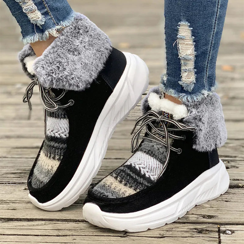 Women's beige lace-up snow boots with suede upper and platform sole