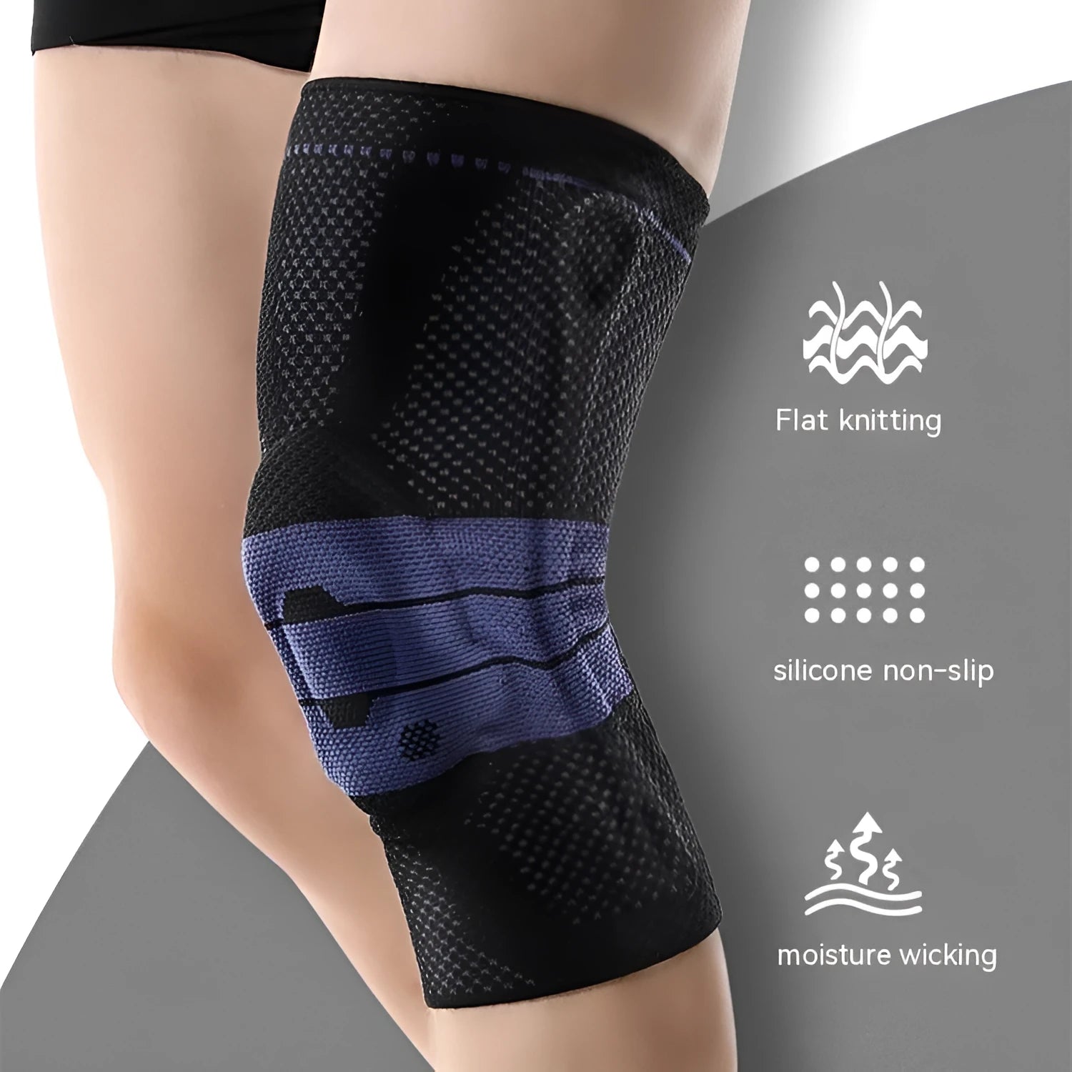 Adult sports kneepad in black and blue colours showing knee protection design