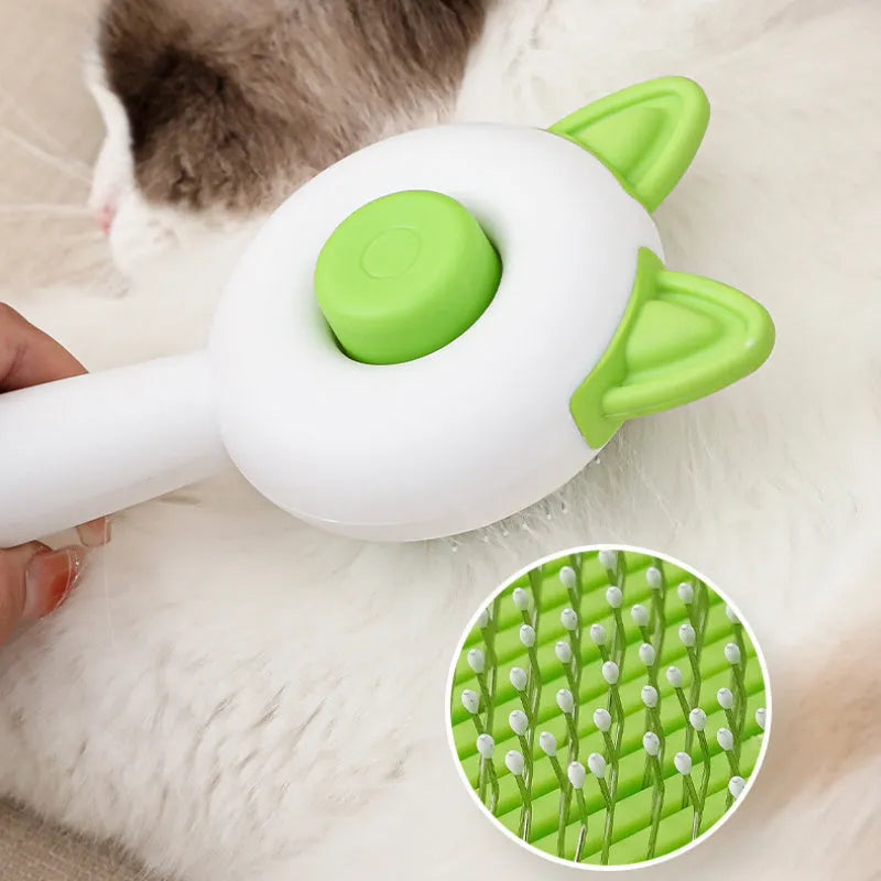 Self-cleaning pet grooming brush for cats with stainless steel teeth in greenish white colour