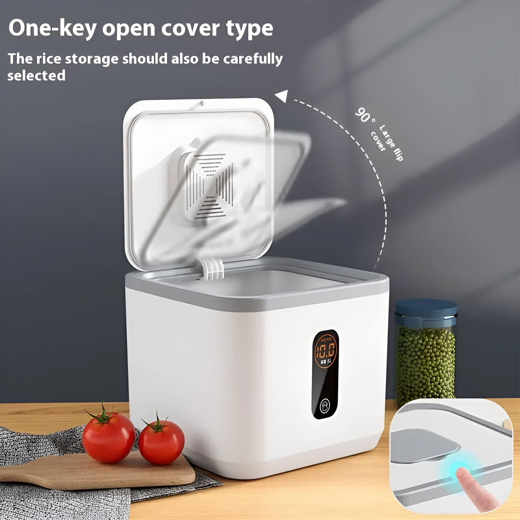Grey plastic insect-proof rice storage jar with airtight lid and measuring cup, shown in 10kg, 20kg, and 30kg sizes.