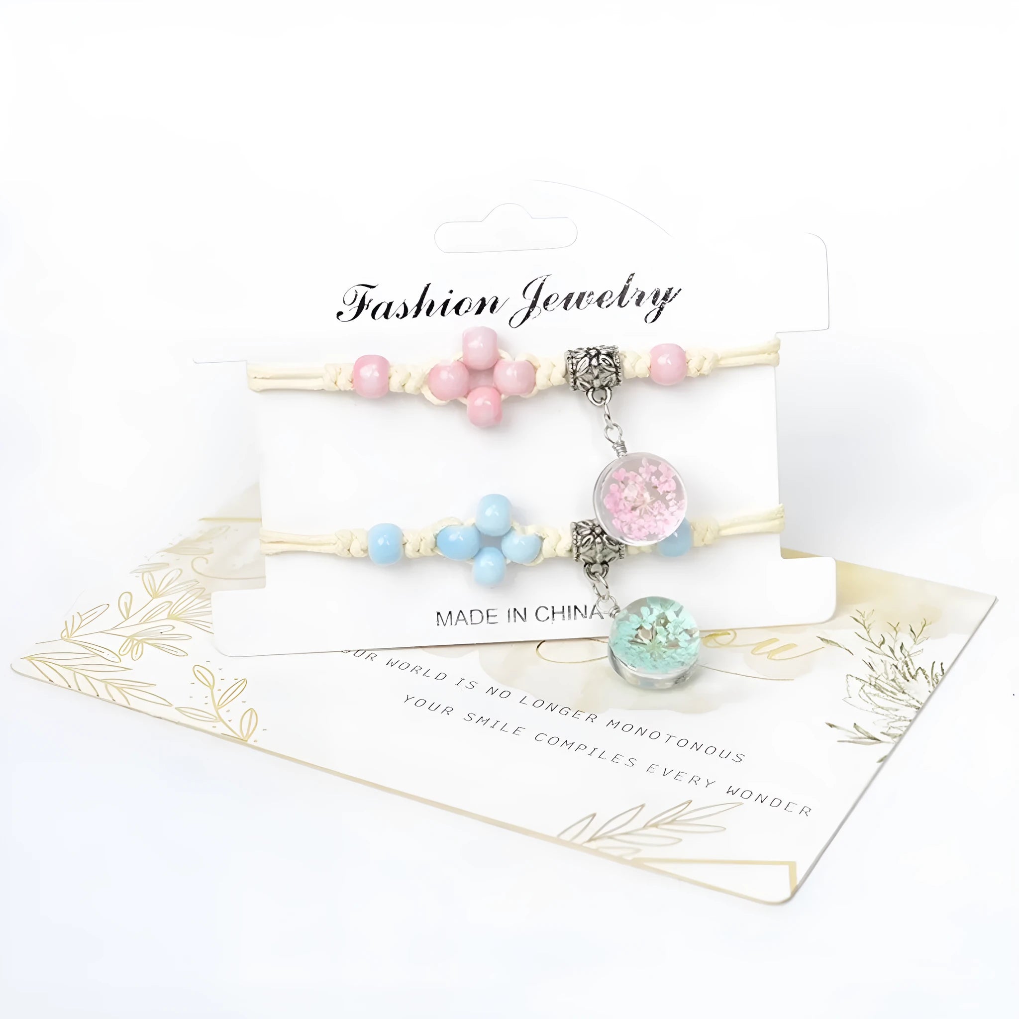 Glass dried flower bracelet with large 1.4 cm beads containing real preserved flowers in hand-woven lace design