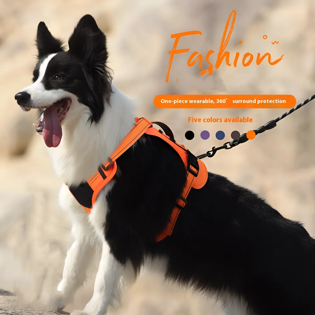 Orange reflective dog harness with a black integrated hand-holding rope, showing size adjustment straps.
