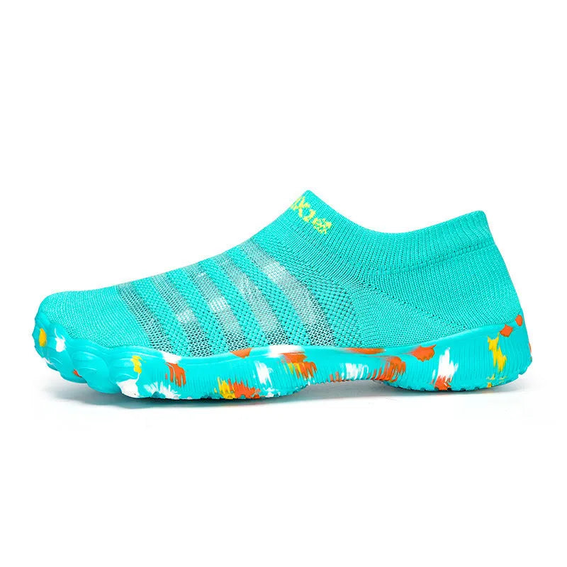 Women's camouflage print Flyknit water shoes with rubber sole and lace-up front.
