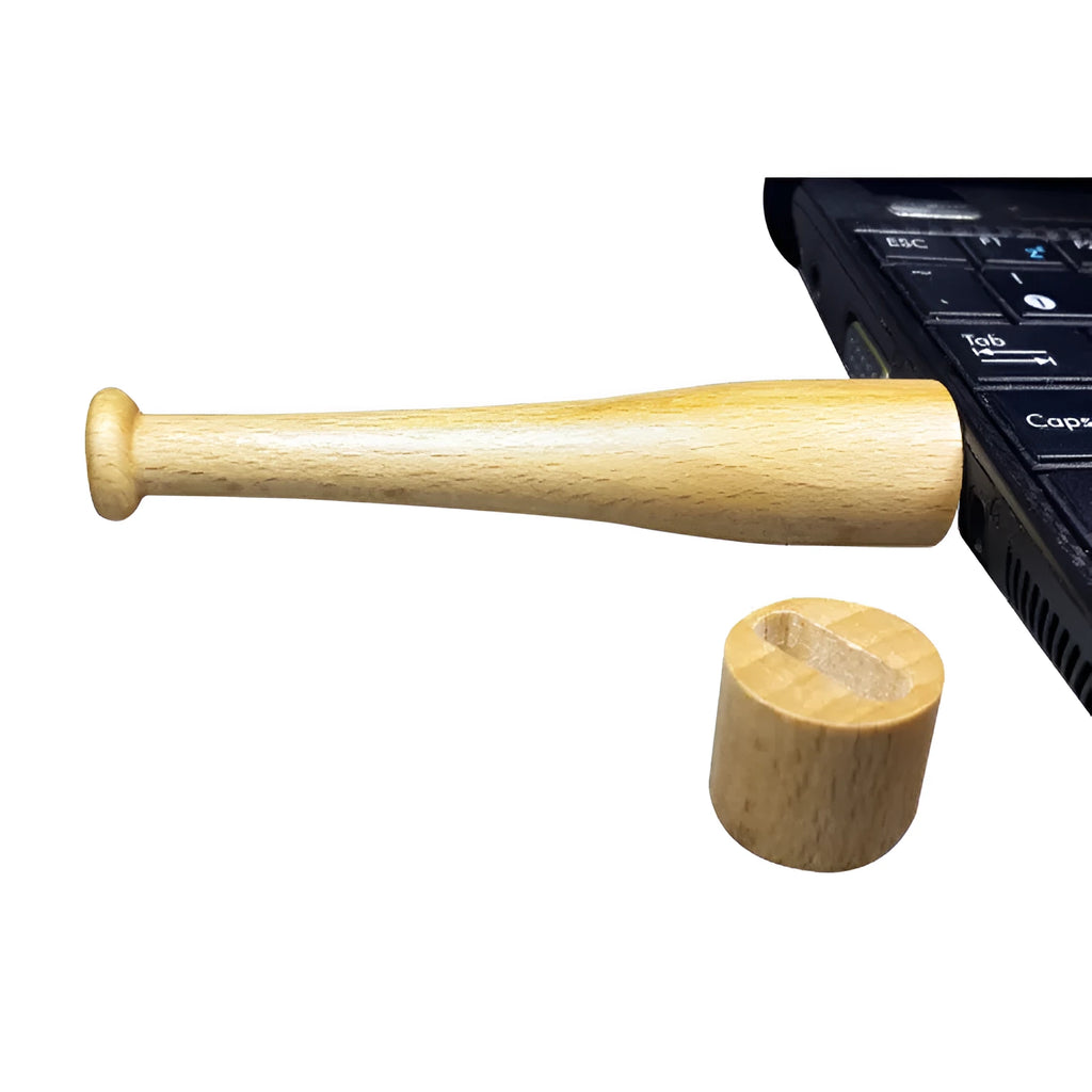 Baseball bat shaped USB flash drive with wood shell and USB connector showing storage design