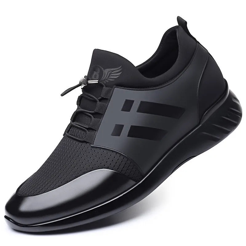 Men's black casual height increase shoes with round toe and chunky heel in leather, Lycra or mesh options