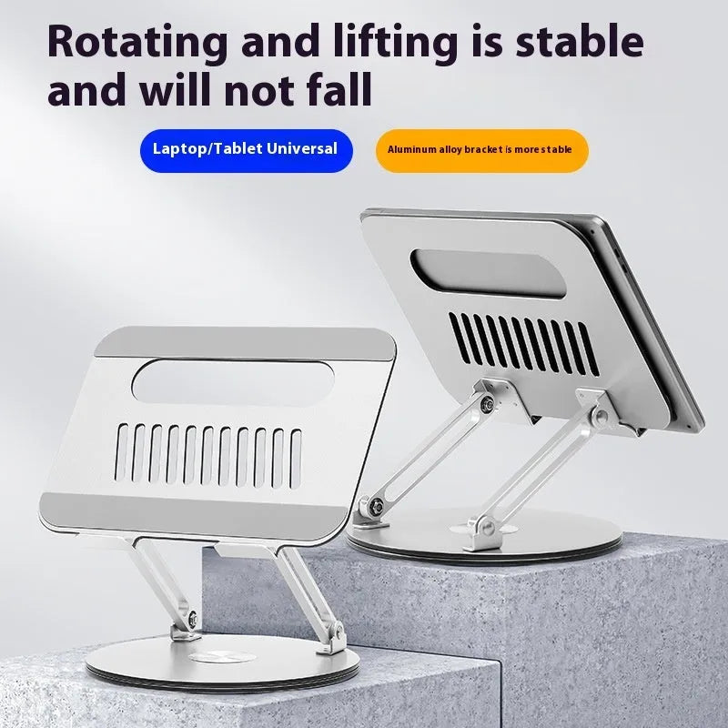 Silver aluminum alloy laptop stand with foldable design and rotatable base