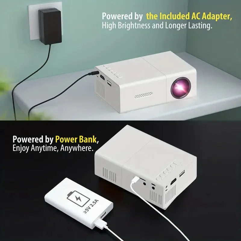 M100 mini LED home projector in black or white showing 100 inch projection capability with remote control