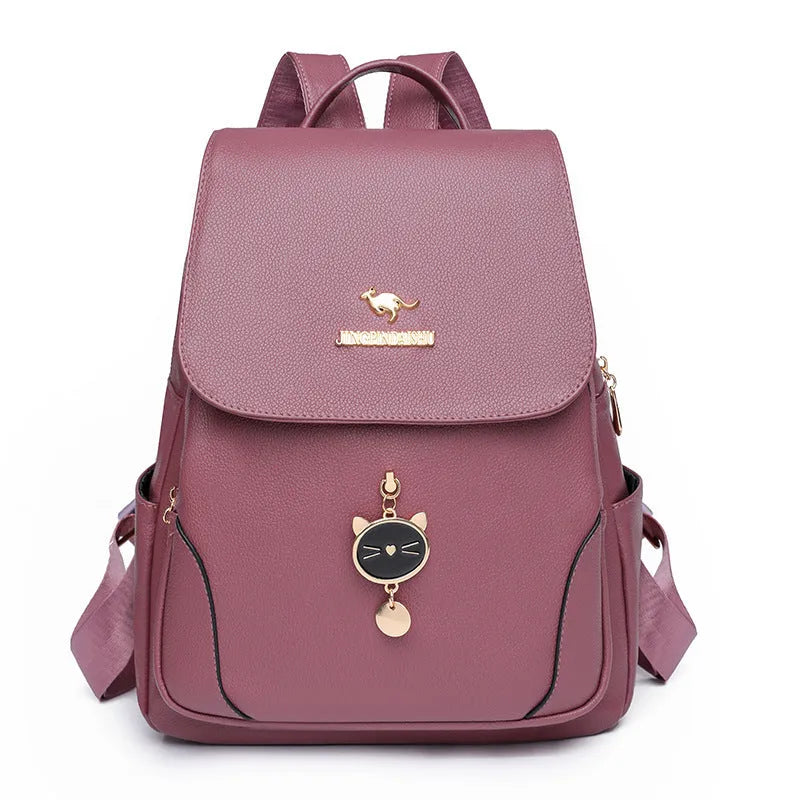 Soft PU leather women's backpack with textured finish and three-dimensional front pocket in taro purple