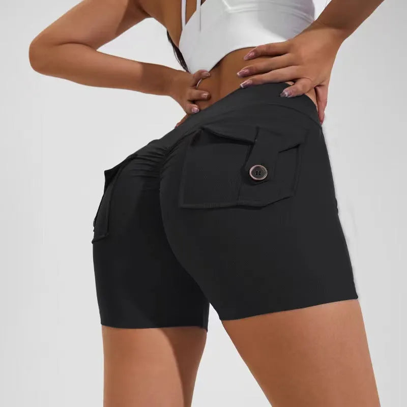 Women's high waist fitness shorts with pockets in avocado green colour for yoga and workouts