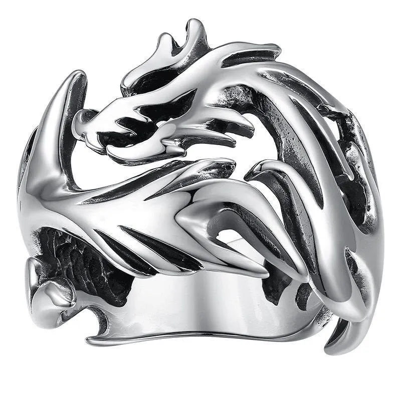 Adjustable Chinese dragon ring with luminous ancient silver blue and green electroplated metal geometric design
