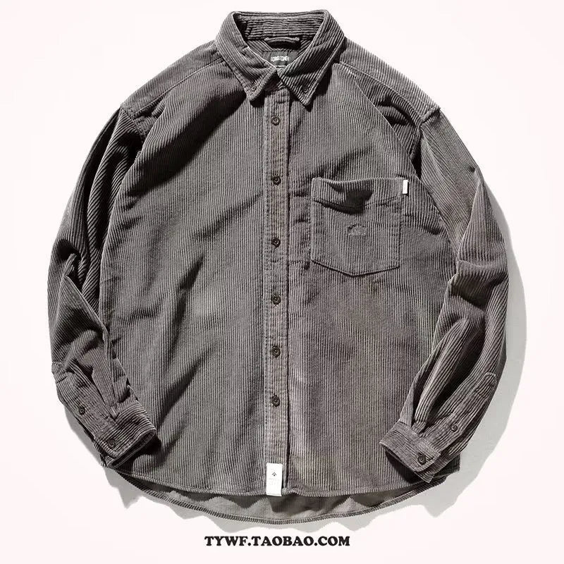 Loose fit corduroy long sleeve shirt in caramel colour with cardigan style design