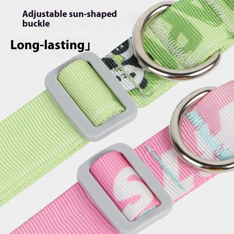 Adjustable nylon dog collar with cartoon gradient print and plastic buckle on a white background.