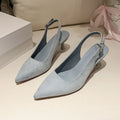 Women's pointed toe stiletto high heels in suede, shown in apricot, pink, sky blue, and yellow colours.
