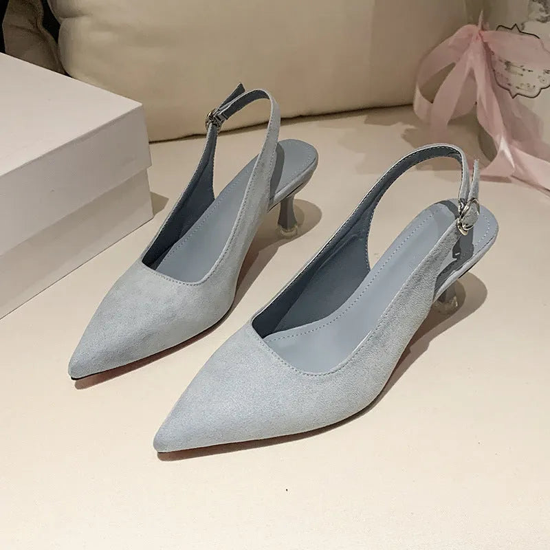 Women's pointed toe stiletto high heels in suede, shown in apricot, pink, sky blue, and yellow colours.