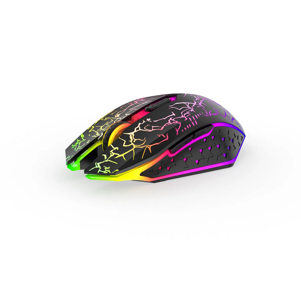 Black and white versions of a wireless gaming mouse with luminous breathing light on a desk with charging cable.