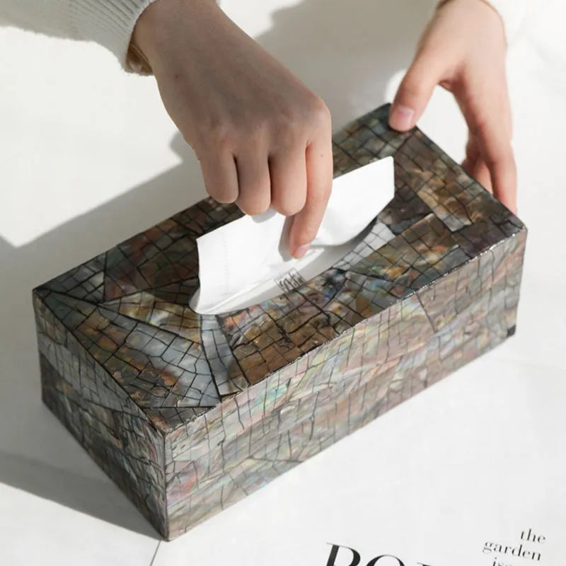 Natural shell tissue box with removable organisation compartments in modern simplicity design