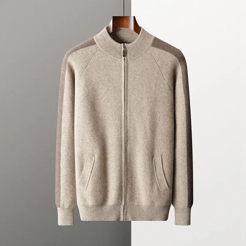 Men's camel coloured cashmere blend knitted cardigan suit with half turtleneck and matching trousers