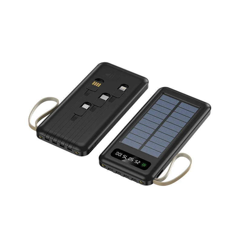 Solar power bank in black or white with charging cable, showing front panel and side dimensions