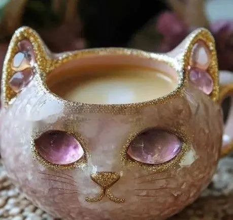 Purple handmade geode crystal cat design resin mug, pastoral style, shown next to a ruler showing 11cm height.