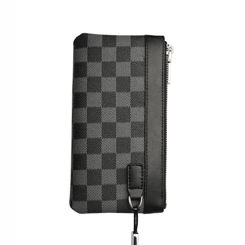 Black men's cowhide leather clutch wallet showing front view with dimensions 20x10 cm.