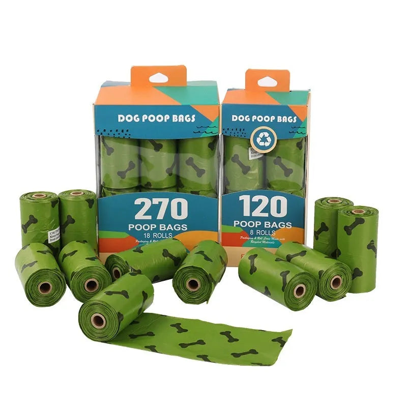 Military green degradable dog poop bags with black bone printing, showing 23x33cm size and roll packaging