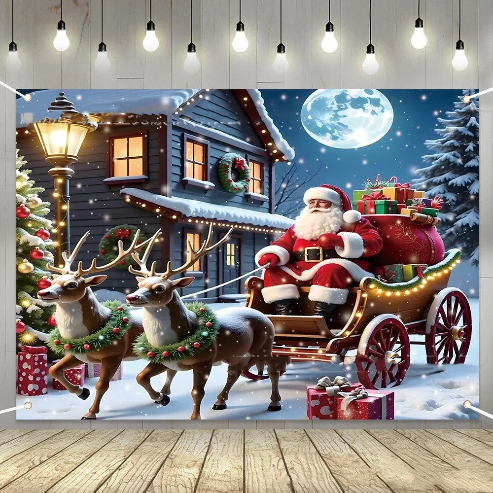 Christmas banner showing Santa Claus with gifts at night on 210x150 cm polyester fabric