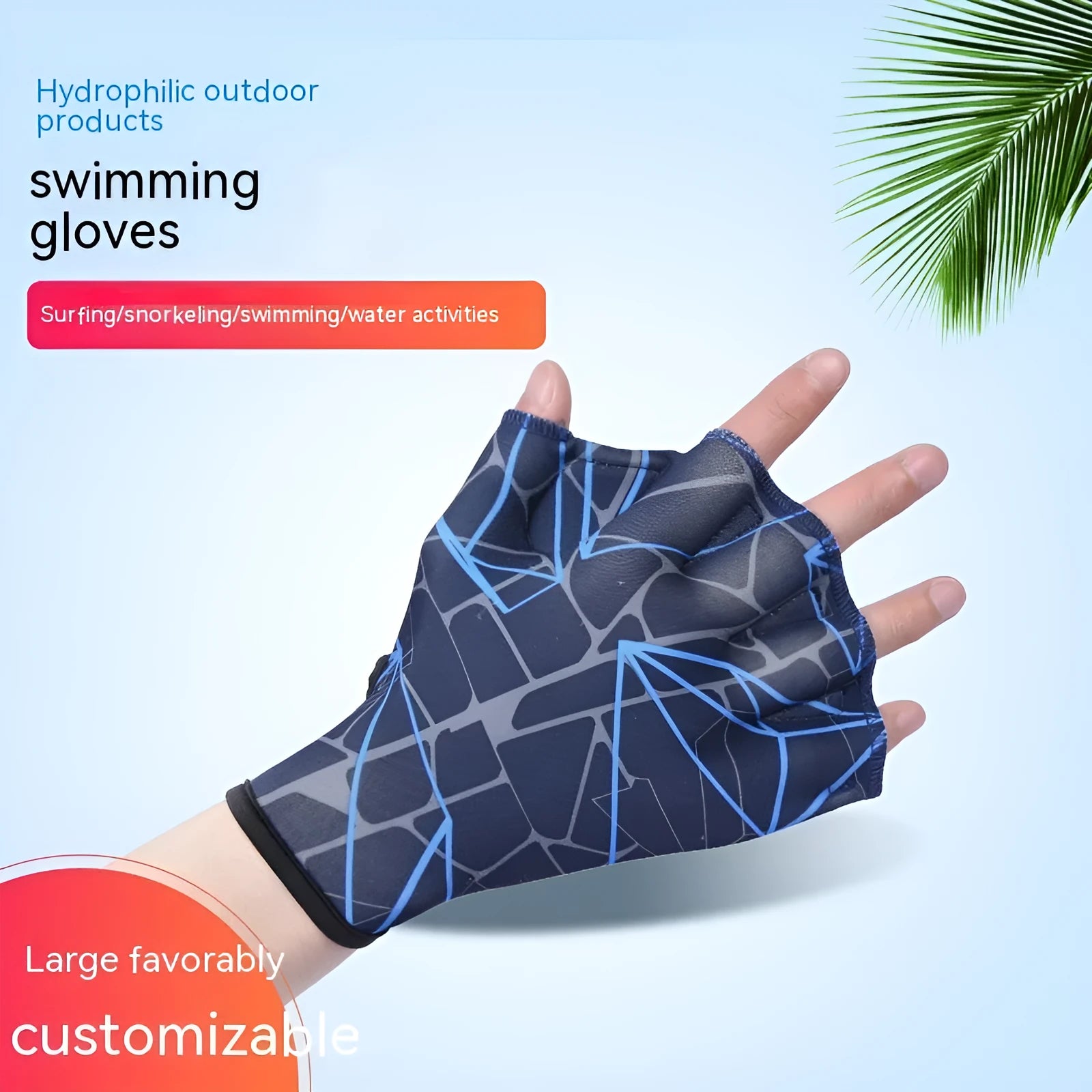 Duck feet webbed swimming gloves in multiple colour prints showing nylon construction and sizing options