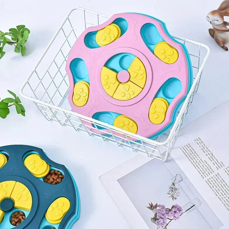 Blue dog puzzle toy feeder with compartments for interactive food search games.