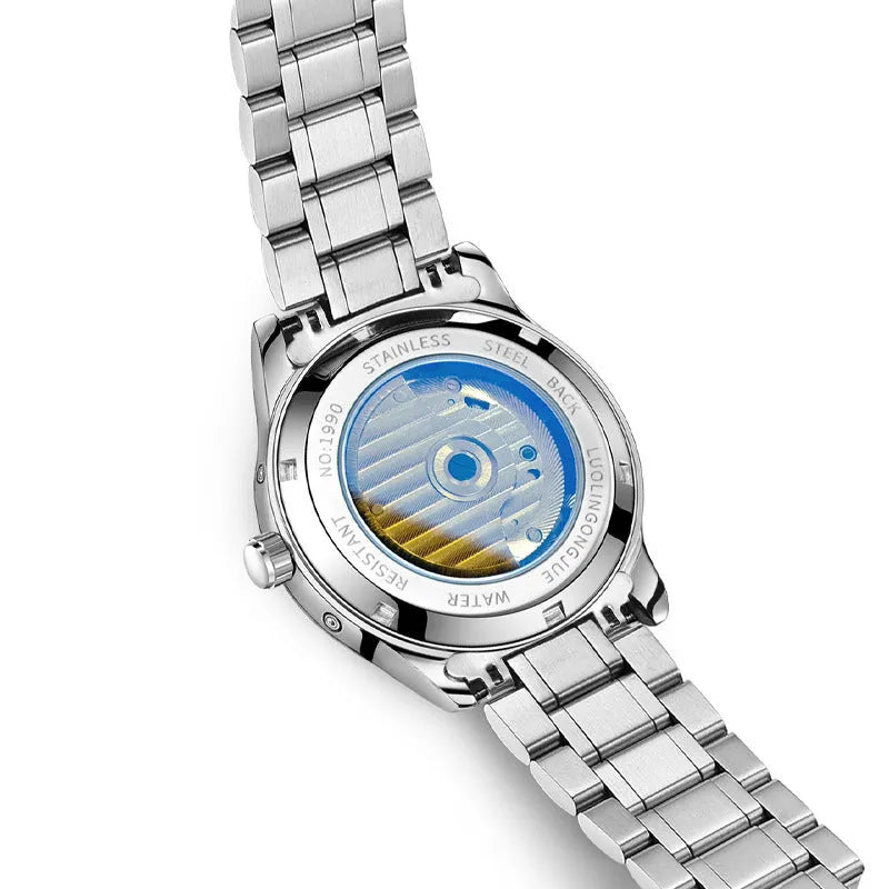 Men's stainless steel mechanical watch with leather strap and sapphire crystal glass