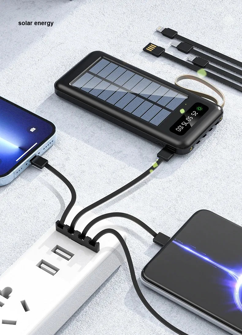 Solar power bank in black or white with charging cable, showing front panel and side dimensions