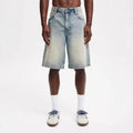 Men's loose straight-leg light blue cotton jeans on a white background.