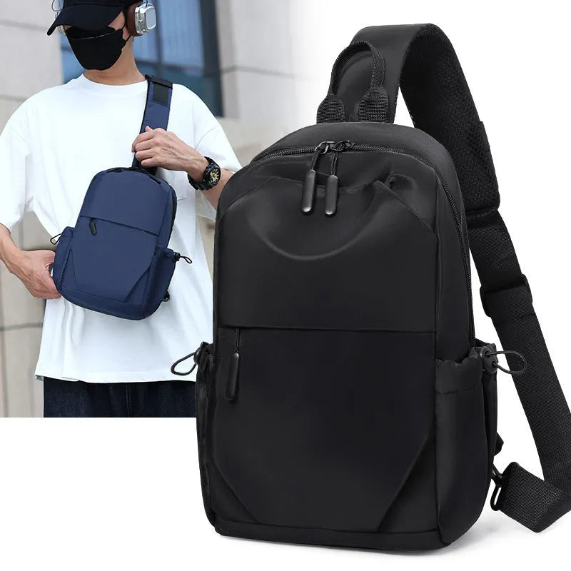 Men's grey lightweight chest bag showing front compartment and adjustable shoulder strap.