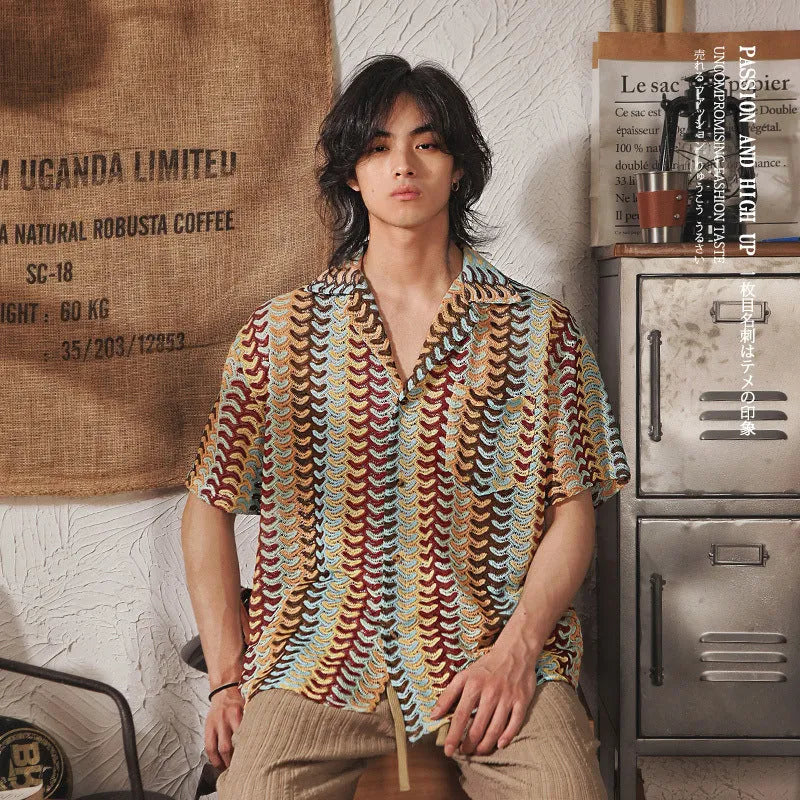 Men's grey Japanese style Cuban collar short sleeve shirt with jacquard texture, shown on a model.