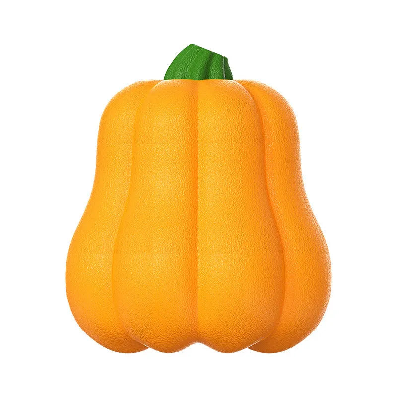 Orange plastic pumpkin dog toy with attached rope for outdoor fetch games