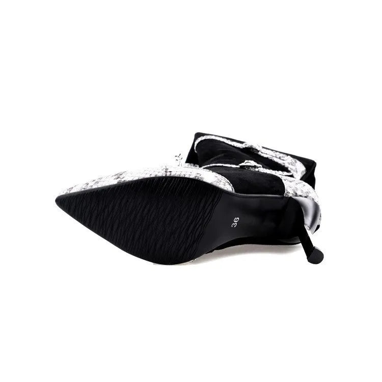 Grey and black women's knee-high boots with a thin 9cm high heel on a rubber sole.